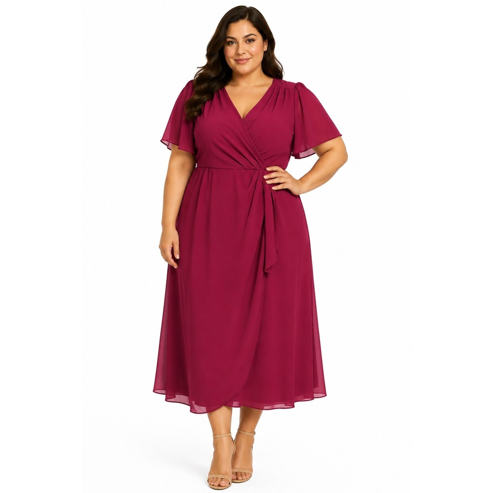 Y2K Special Occasion Wrap Dress Ruby Red Pink Chiffon Flutter Sleeve Size 16